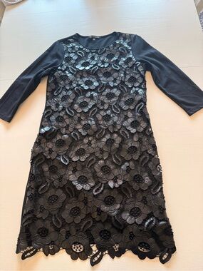 Women's Versona  Black Long Sleeve Sheath Dress  with floral overlay. 12